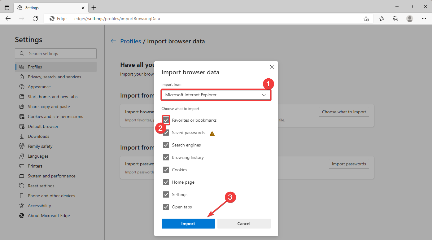 Окно импорта из меню 'Избранное' — выбор Internet Explorer