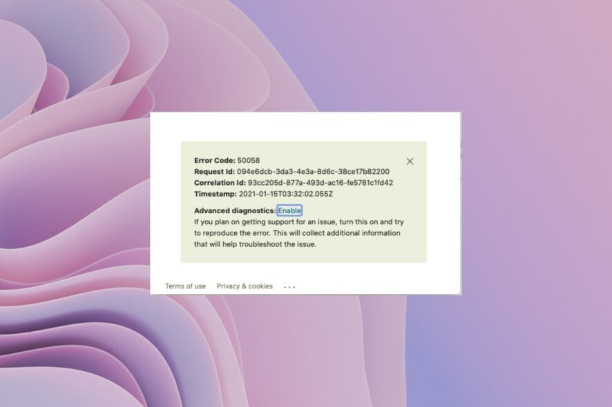 Исправление ошибки 50058 в Office 365