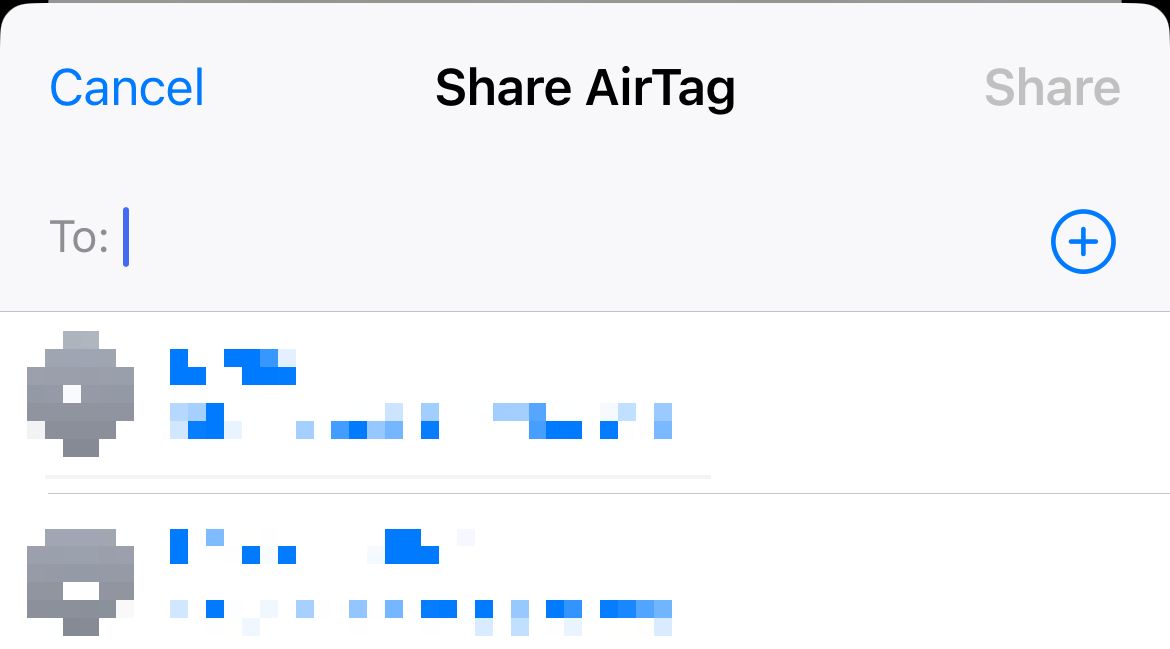Выбор контакта для совместного доступа к AirTag
