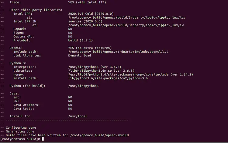 Конфигурация сборки OpenCV (вывод cmake)