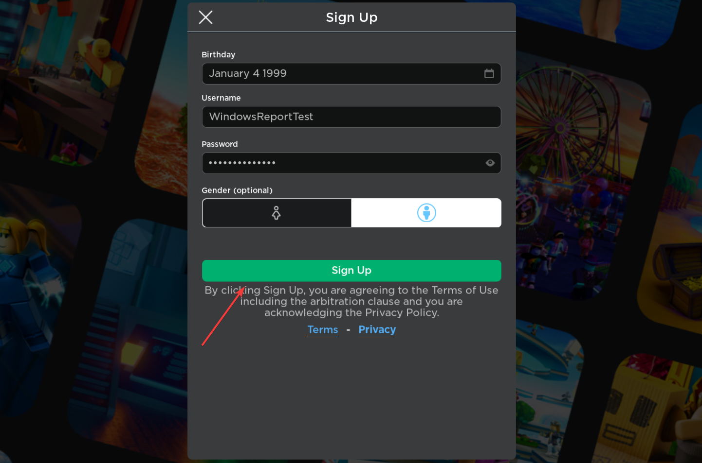 Экран регистрации Roblox на ПК для создания второго аккаунта