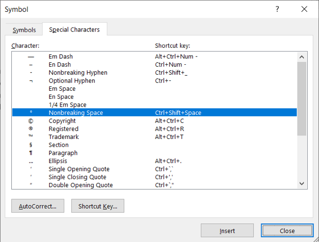 Выбор неразрывного пробела и кнопка вставки