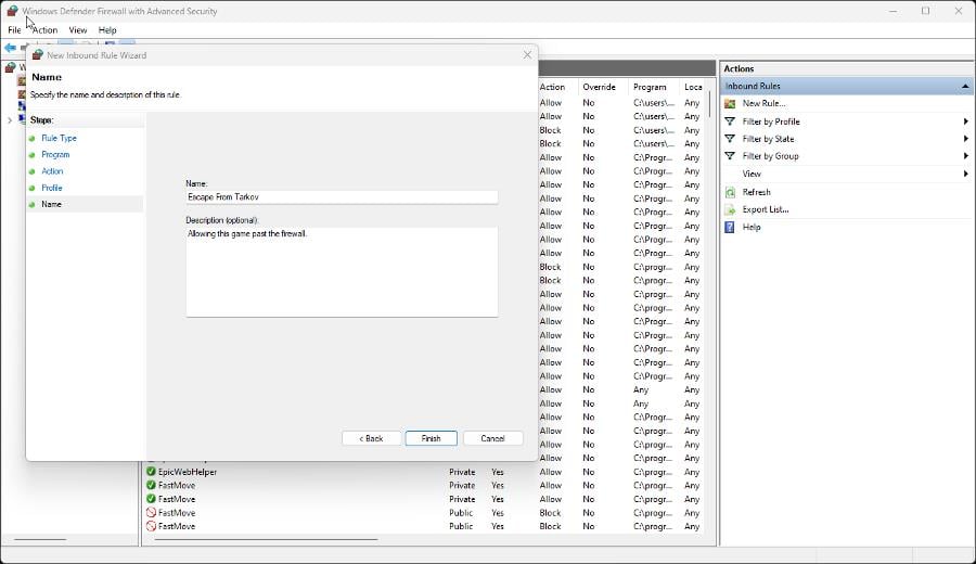 Окно указания имени и описания для нового правила