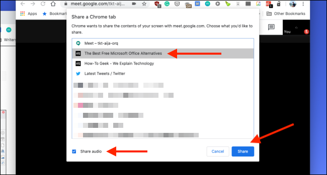 Выбор вкладки для демонстрации с возможностью передачи звука