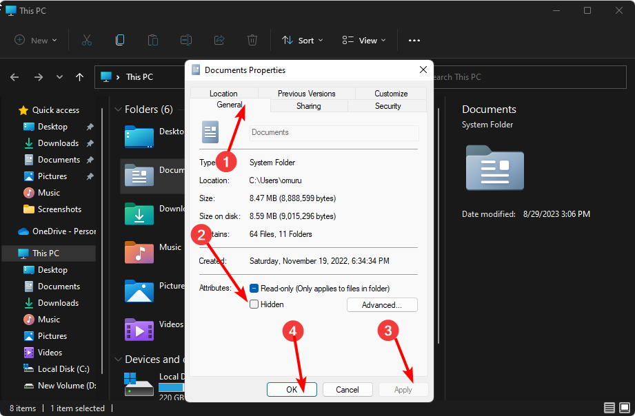 Вкладка Общие в свойствах папки с опцией скрытый