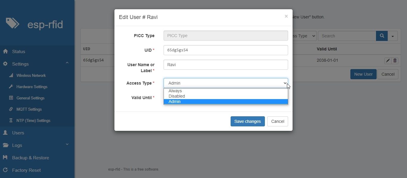 Добавление нового пользователя в ESP-RFID: заполнение формы