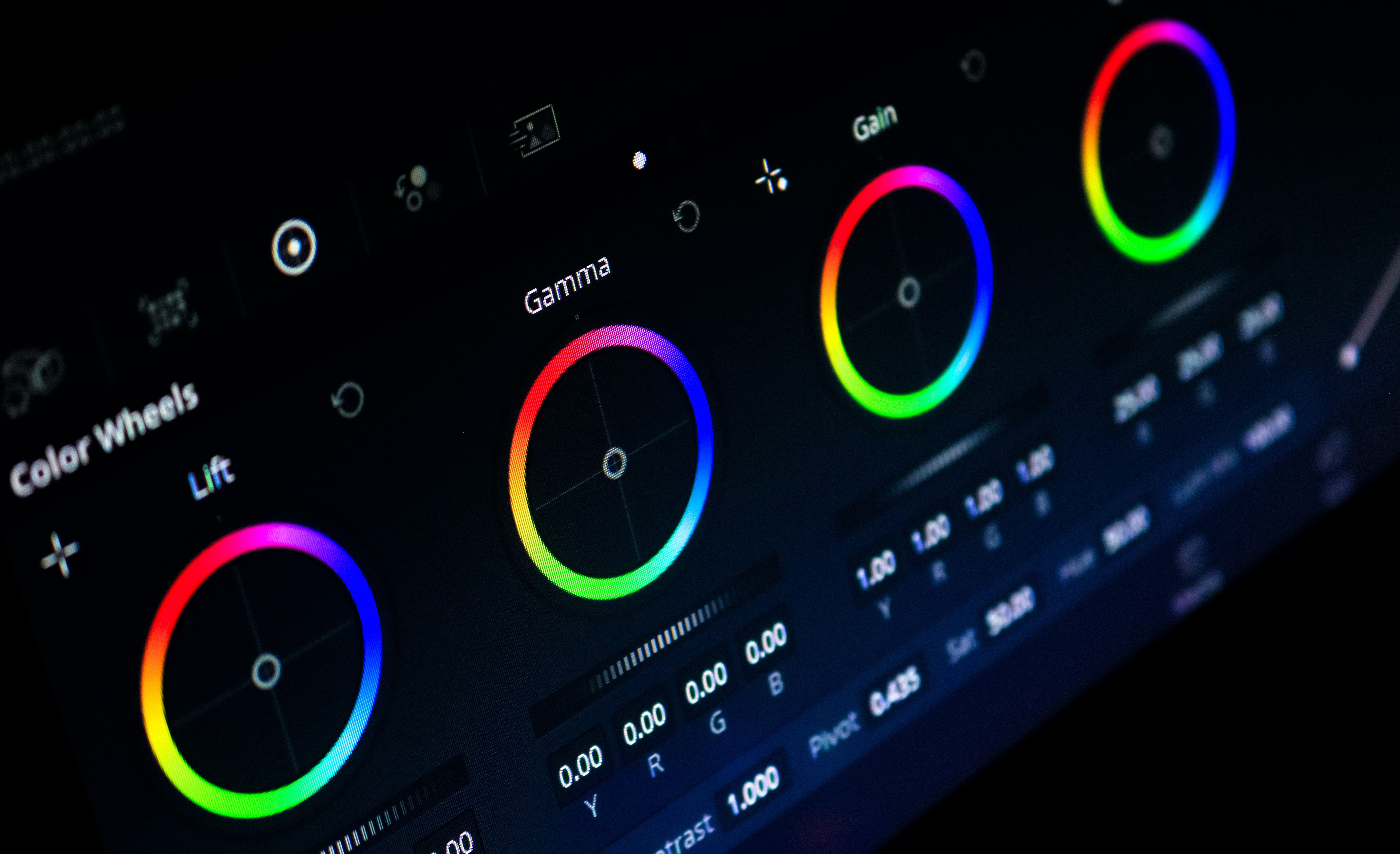 Photo of color grading wheels on a screen