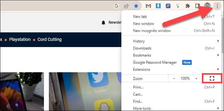 Кнопка входа в полноэкранный режим в меню Chrome.