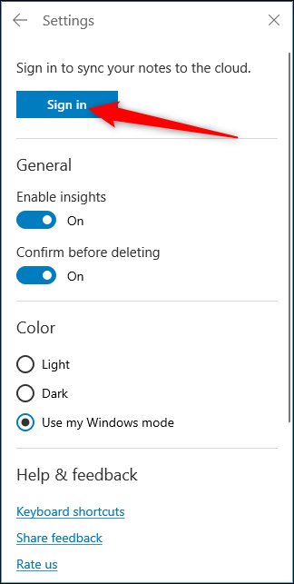 Окно входа в Sticky Notes с подсказкой войти в учётную запись
