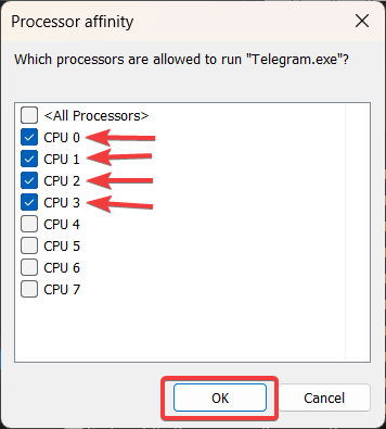 Выбор ядер в окне