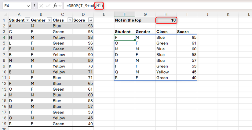 H1 셀 참조를 사용해 제거할 행 수를 지정한 DROP 함수 예시 화면.
