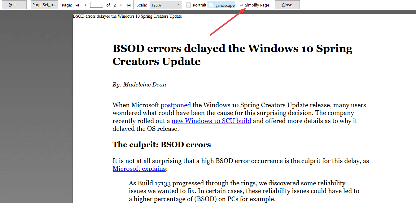 Упрощённый вид страницы в Mozilla Firefox для печати