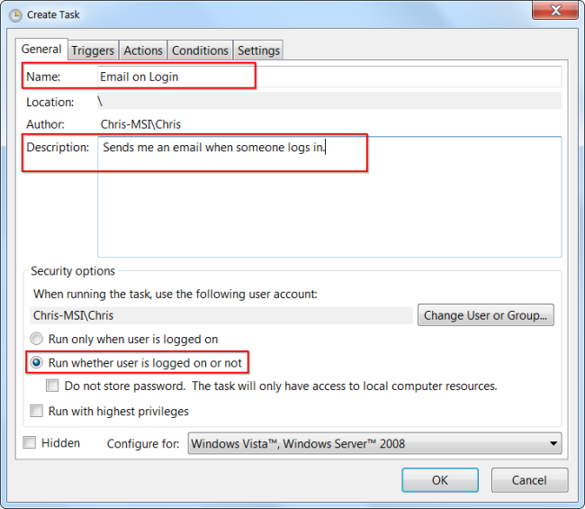 Параметры общего доступа задачи: имя, описание и запуск от имени любого пользователя