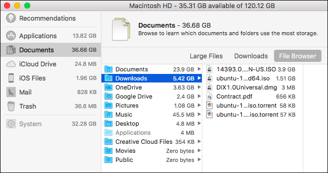 Интерфейс Reduce Clutter — большие файлы и сортировка загрузок