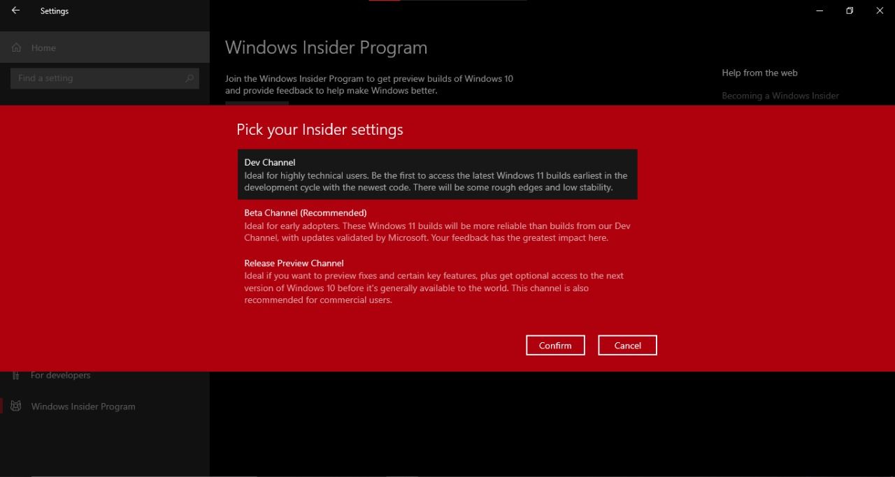 Регистрация в программе Windows Insider — экран настроек