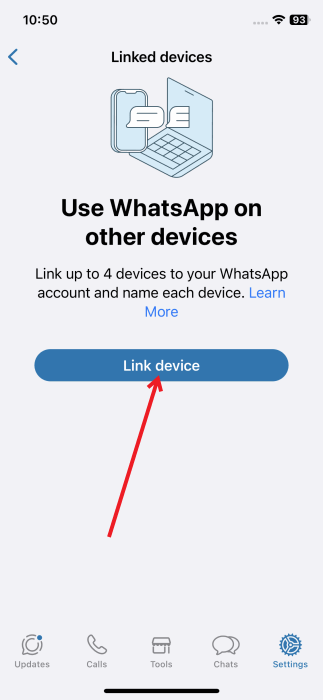 Кнопка «Привязать устройство» в WhatsApp на iPhone