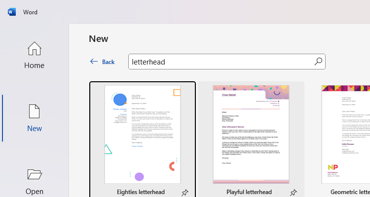 Варианты шаблонов бланков в Microsoft Word.