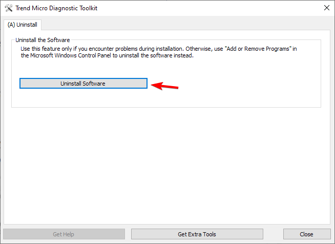 Диагностический набор Trend Micro — вкладка удаления