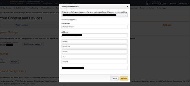 Форма ввода адреса для смены страны аккаунта
