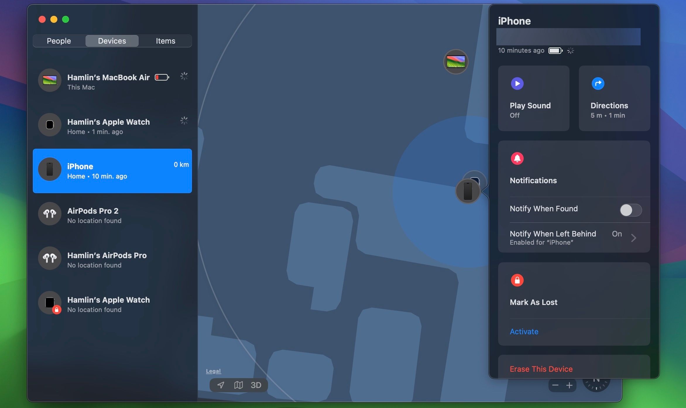 Параметры и опции для пропавшего iPhone в приложении «Локатор»