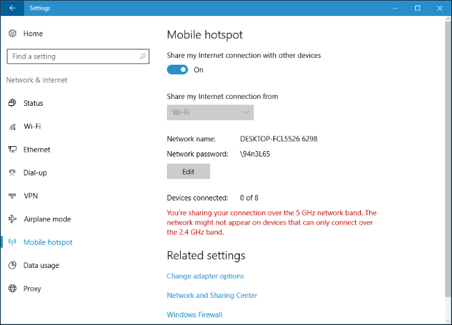 Настройки мобильного хотспота в Windows