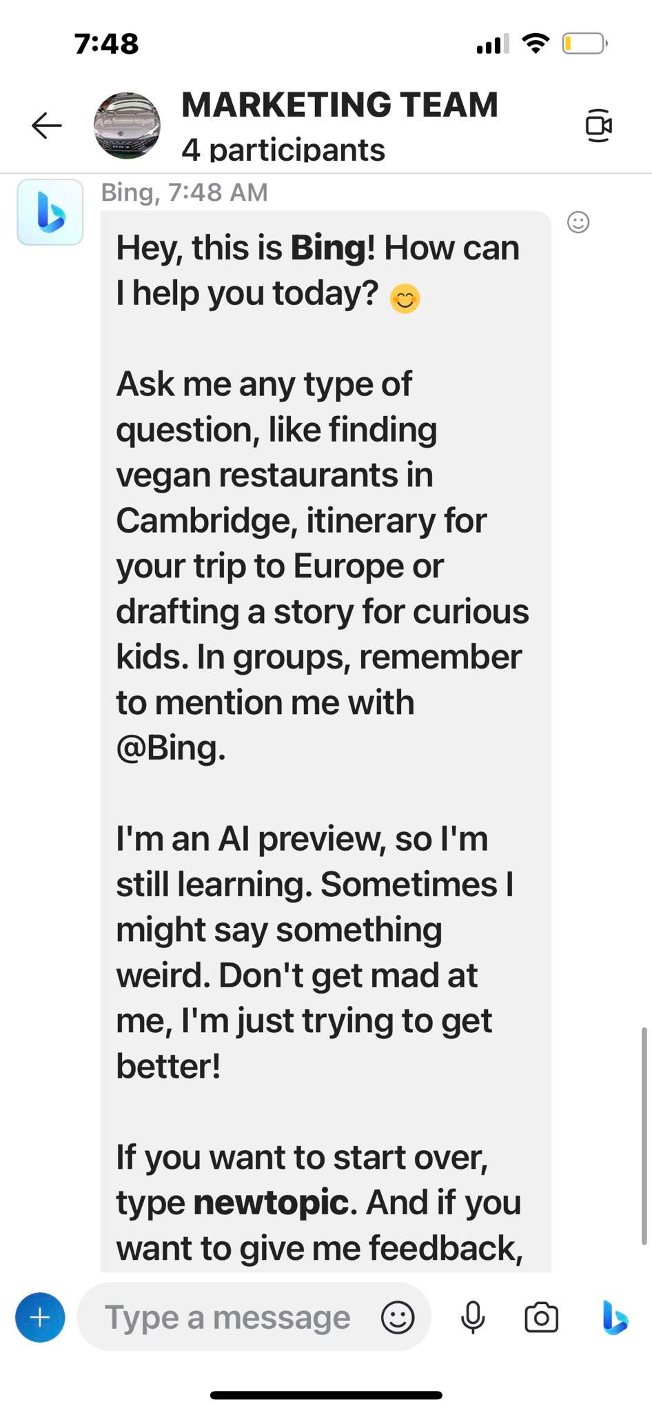 Bing Replying to a Message in a Skype Group Chat