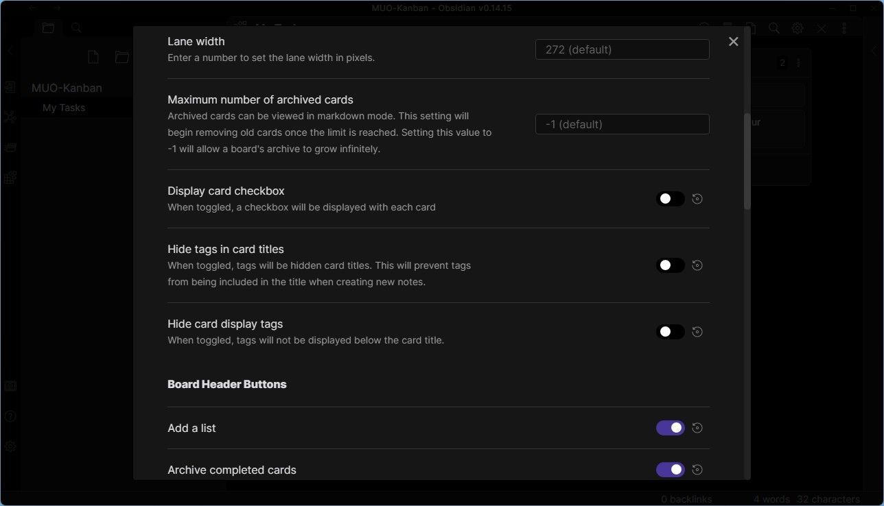 Конфигурация Kanban доски в Obsidian