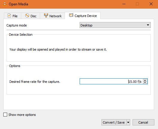 Окно VLC с меню «Convert/Save» и вкладкой «Capture Device»