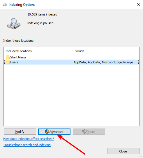 Кнопка Дополнительно в Параметрах индексирования