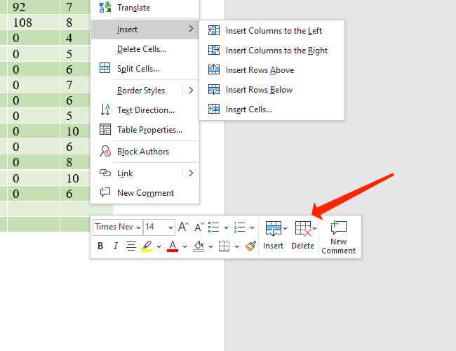 Click Delete to reveal the options to remove rows and columns from Microsoft Word tables