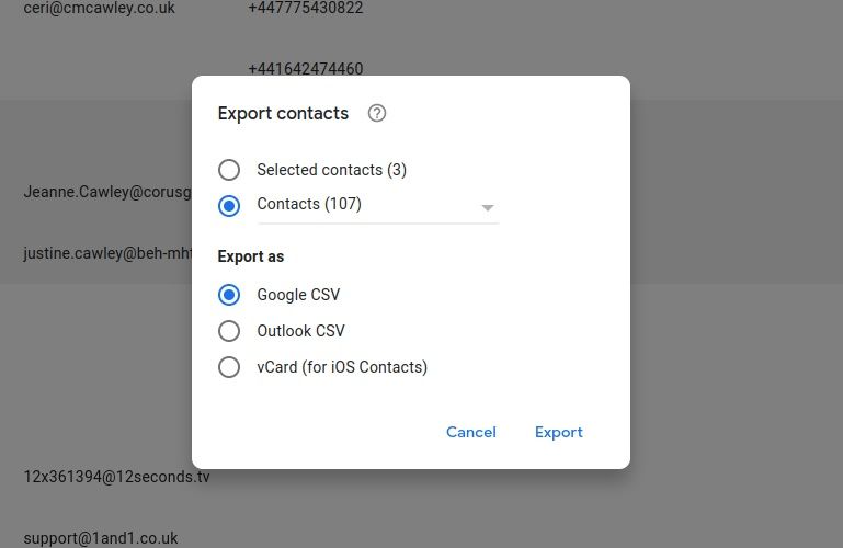 Экспорт контактов почты