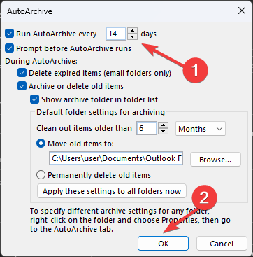 Configurações Run AutoArchive checked