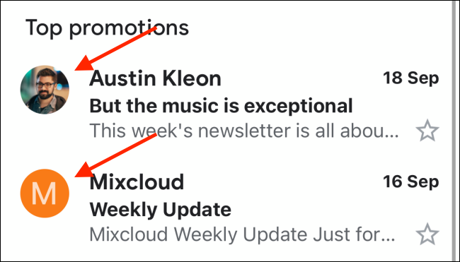 Выбор фото отправителя в приложении Gmail для iPhone и Android
