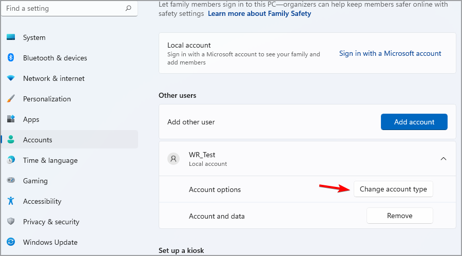 Смена типа учетной записи через 'Change account type'