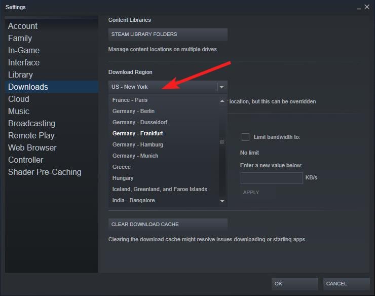 Steam ダウンロード地域変更に関連するエラー画面