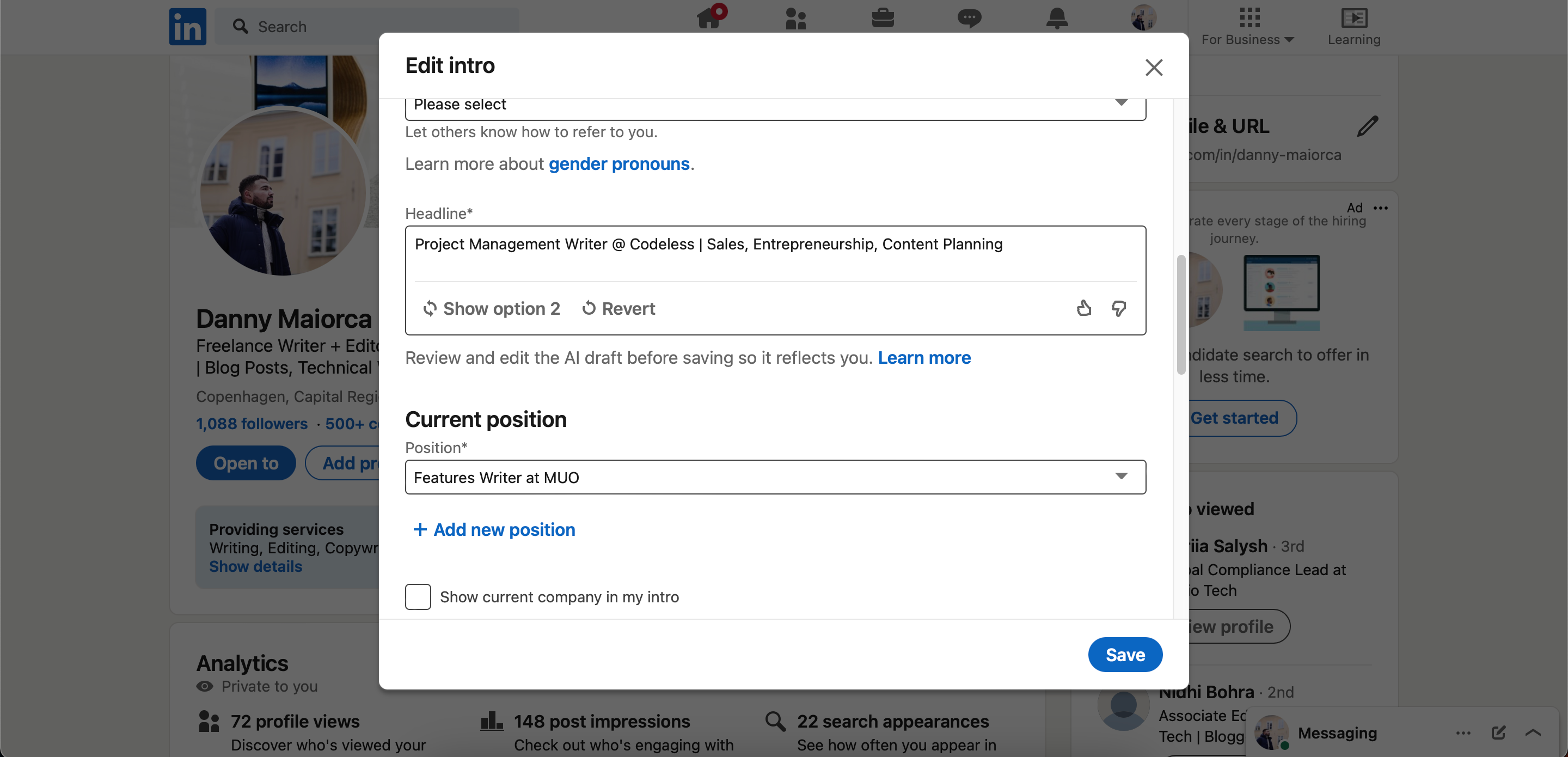 Редактирование сгенерированного заголовка на LinkedIn