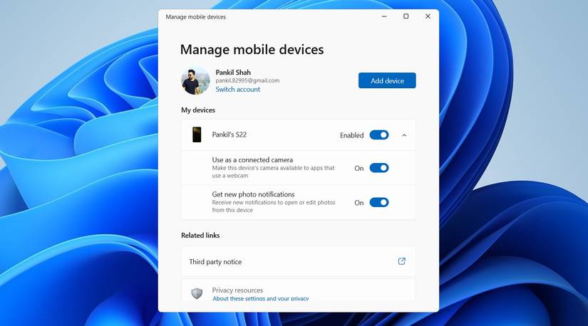 Настройка Windows 11: включение использования Android как подключённой камеры.