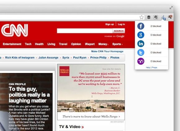 Индикаторы отслеживания социальных сетей в Disconnect