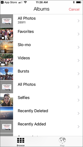 Список альбомов и миниатюр — глобус у фотографий с GPS