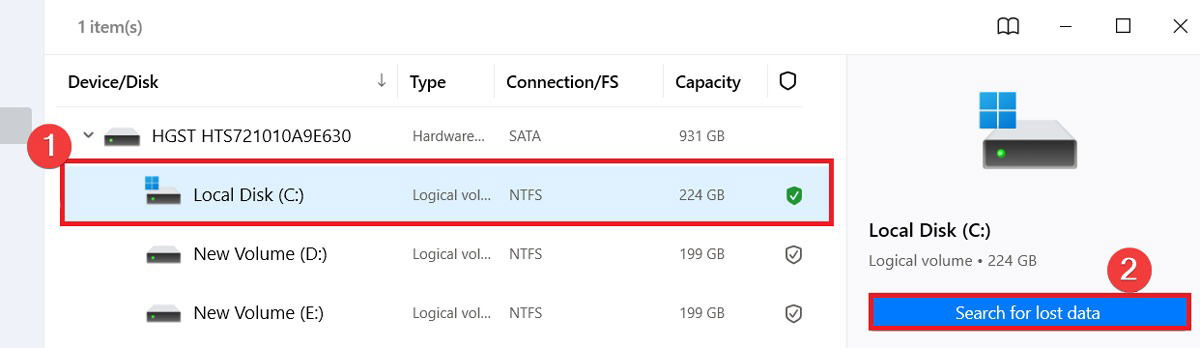 Кнопка «Search for lost data» в Disk Drill для сканирования диска