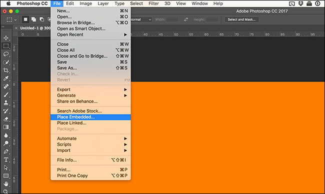 Меню Файл с опцией Place Embedded