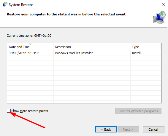 Отображение дополнительных точек восстановления