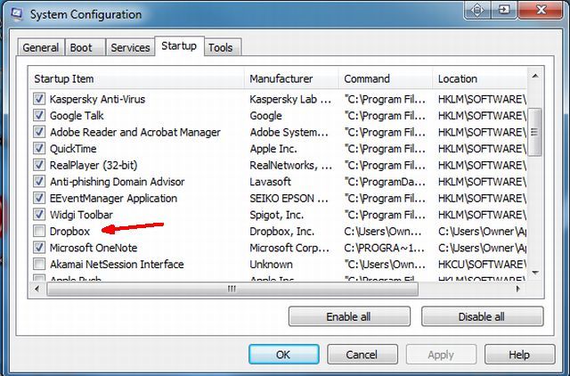 Снятие элемента автозагрузки Dropbox в MSConfig