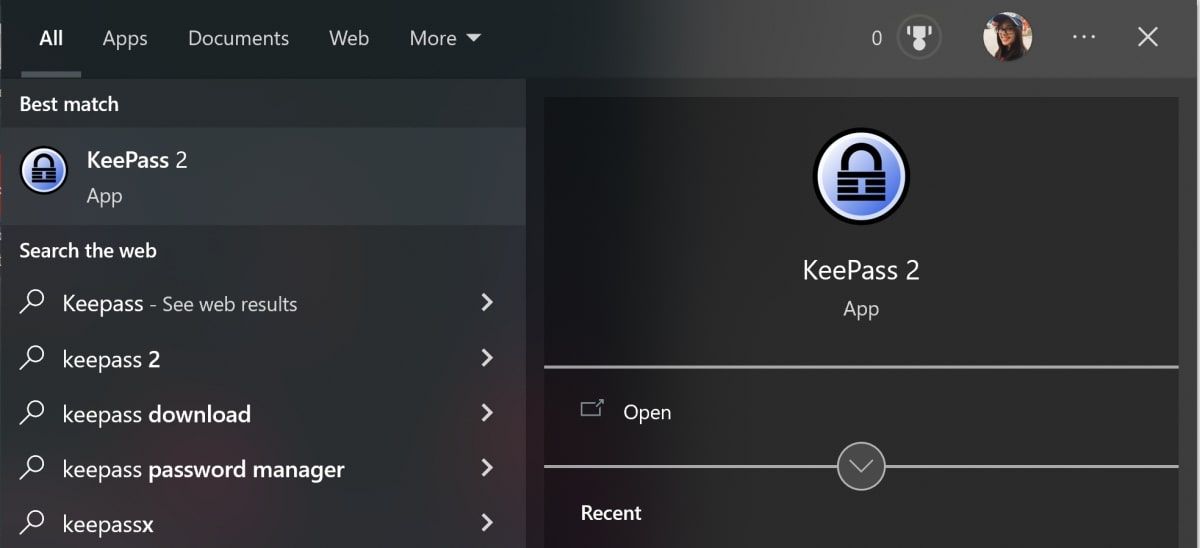 Поиск KeePass в поиске Windows