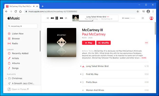 Воспроизведение музыки в веб‑плеере Apple Music в Chrome на Windows 10