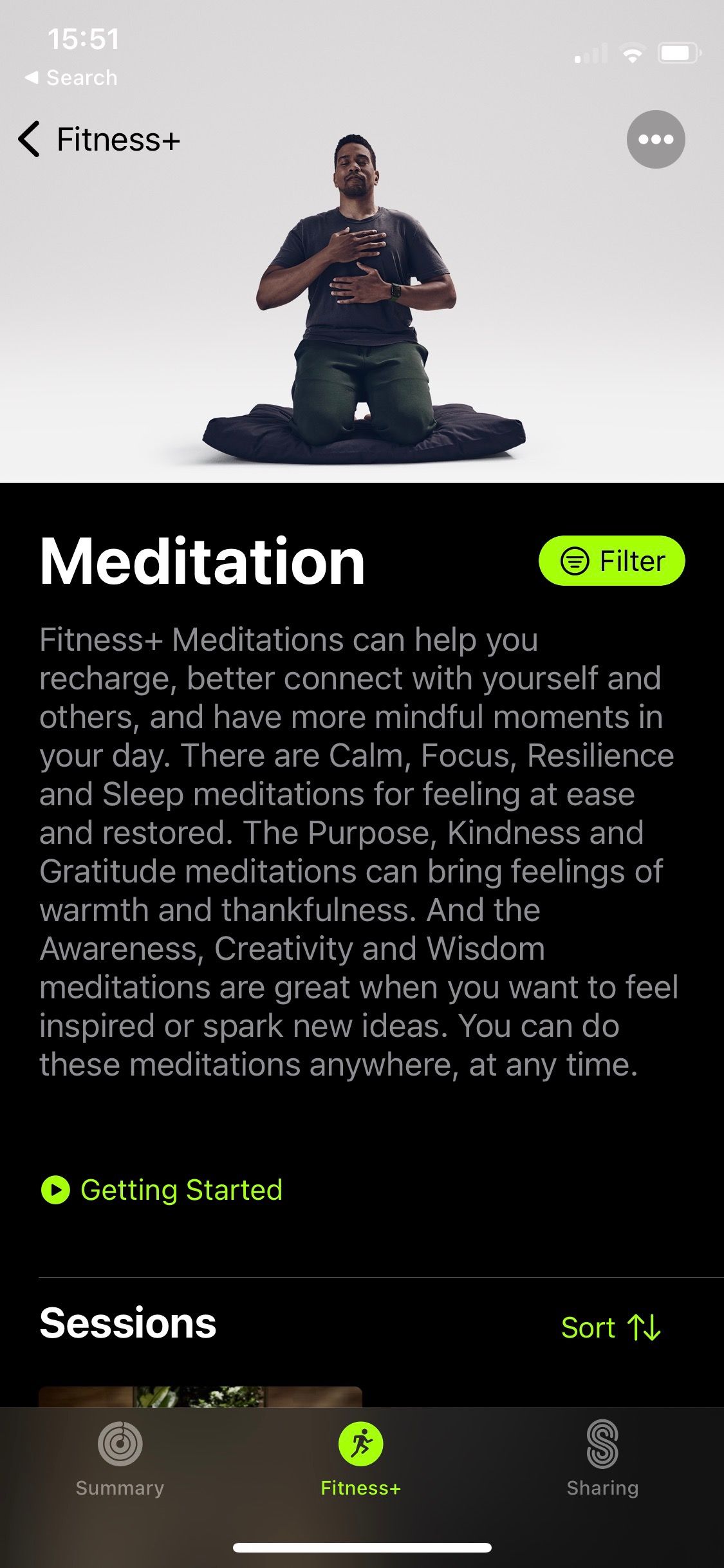 Скриншот медитаций в приложении Apple Fitness+