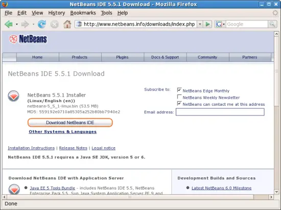 Скриншот кнопки скачивания установщика NetBeans на рабочий стол