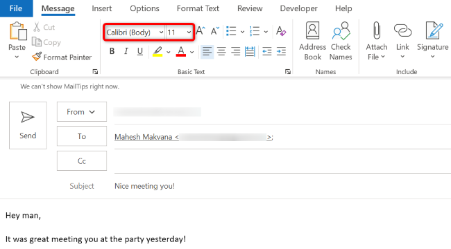 Изменение шрифта и размера для отдельного письма в Outlook для Windows и Mac.
