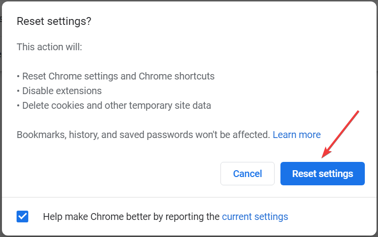 Кнопка «Сброс настроек» в Chrome