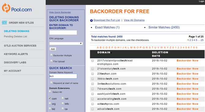 Интерфейс Pool.com для просроченных доменов